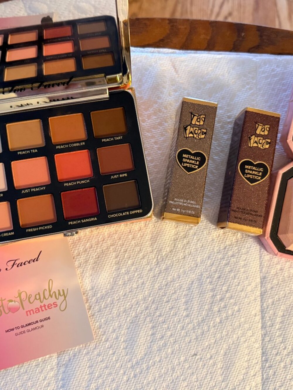 NEW Too Faced Bundle Just Peachy Mattes Palette + Pink Diamond + 2 Metallic Lips